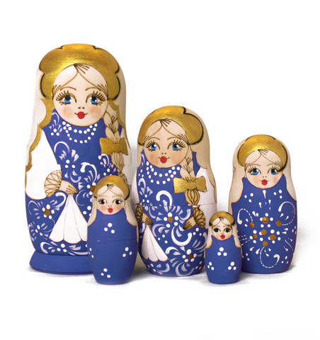 Tummansininen polttokuvioitu maatuskanukke (5 nukkea sisäkkäin)