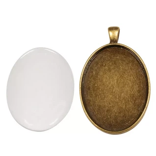 Pendant base, oval, with glass cabochon, c. bronze
