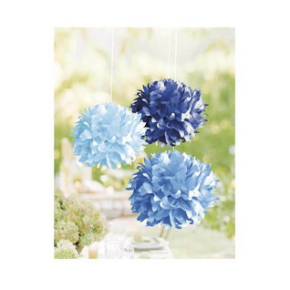 Paper pom-poms, 3pcs, 35cm ø blue mix