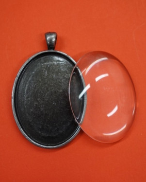 Pendant base, oval, with glass cabochon, c. antique silver