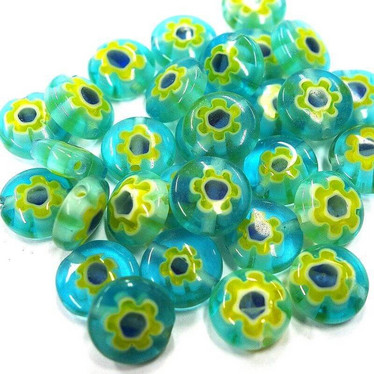 Millefiori beads, 30 pcs, Turquoise-Yellow