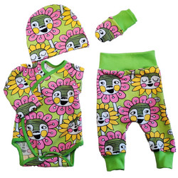 Body, housut, pipo ja tumput setti Iloinen kukka lime koko 44