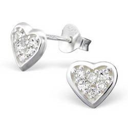 Hopeiset korvanapit, Sydän pienillä kristalleilla (Cubic Zirconia)