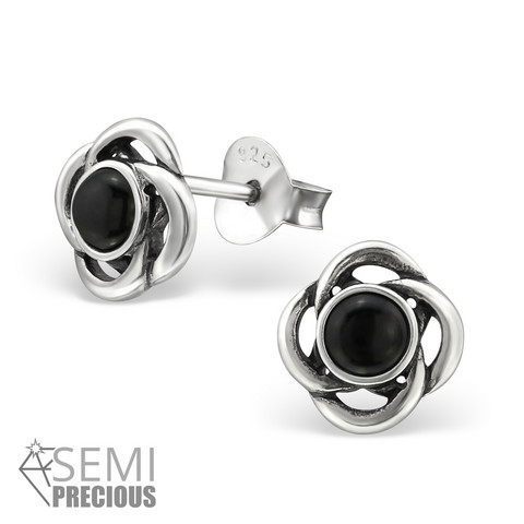 Hopeiset korvanapit, Antique Silver with Black Onyx (onyx luonnonkivi)