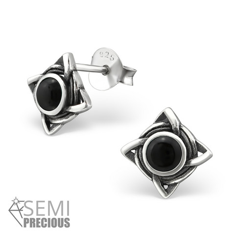 Hopeiset korvanapit, Square Antique Silver with Black Onyx (onyx luonnonkivi)