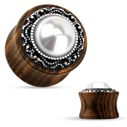 Plugi 8mm, Tribal Pattern Casting around Imitation Pearl Center Organic Wood