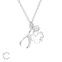 Hopeinen kaulakoru, LA CRYSTALE, Clover and Wishbone Necklace