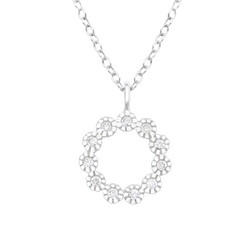 Hopeinen kaulakoru,  Round Mini Flower Silver Necklace with CZ