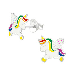 Hopeiset korvanapit, Unicorn with Glitter Wings-valkoinen yksisarvinen
