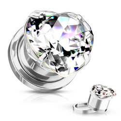 Plugi 8mm, Heart Zircon Prong Set Front