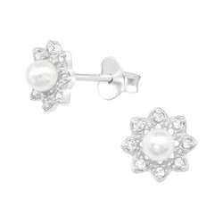 Hopeiset korvanapit, Flower Pearl Earstuds with Crystals -helminapit