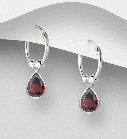Hopeiset korvarenkaat, CZ Huggie Hoops with Red Teardrop