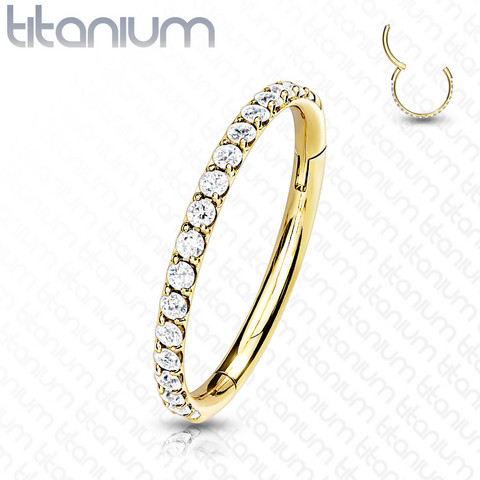 Lävistysrengas, Titanium Hinged Segment Hoop Ring with CZ in Gold