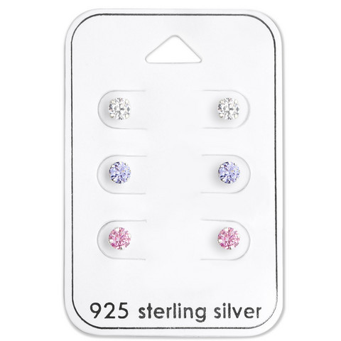 Lasten hopeanappisetti, hopeanapit cubic zirconioilla kolmessa värissä