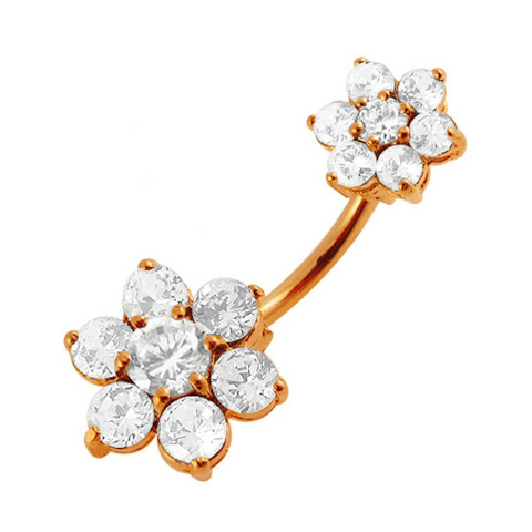 Kirurginteräksinen napakoru kukkakoristeella|Two Crystal Flowers (RG)