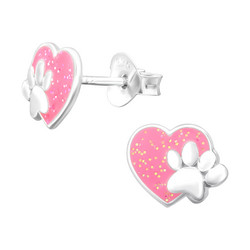 Hopeiset korvanapit, Pink Paw Print Heart  -tassunjälki korvanapit