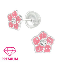 Lasten premium hopeanapit, Pink Glitter Flower -pinkit kukkakorvakorut