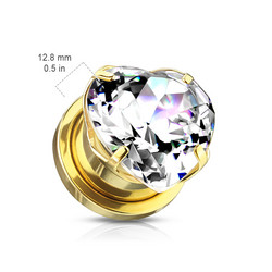 Plugi 10mm, Heart Zircon Prong Set Front in Gold