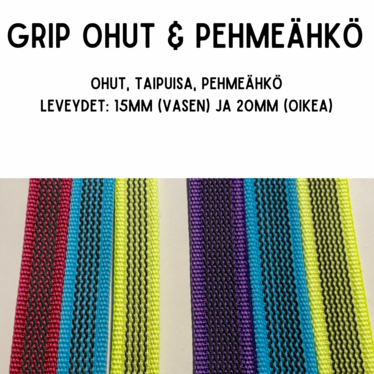 GRIP-hihna, 2,2m (lev. 15 & 20mm / materiaali: ohut & pehmeähkö)