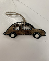 Puinen auto, volkkari juuttinarussa, joulukoriste