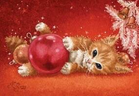 Kissa ja joulupallo kortti - Kananlento