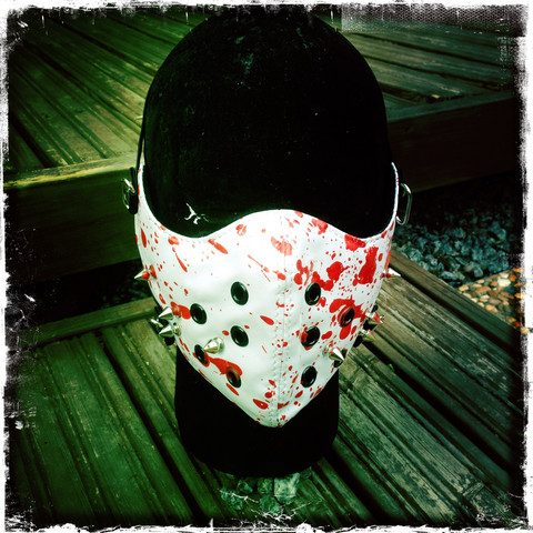 Leatherette mask with studs and bloodstains, white