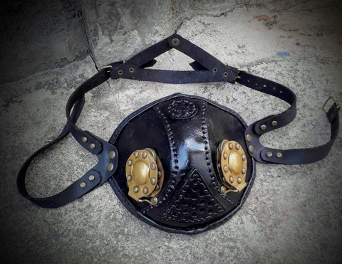 Steampunk style mask with brass hatches Black or Brown