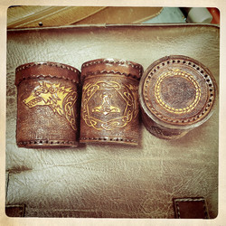 Leather Dicecup with wolf, Thor´s Hammer and World Serpent decorations on cover