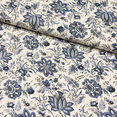 Puuvillapopliini: Sinisävyiset kukat ja lehdet, vaalea beige - jeans