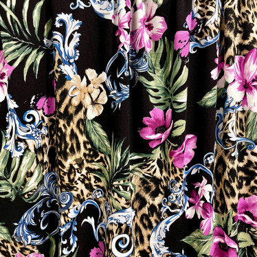 Viskoositrikoo: Flowers and leopard, musta - pinkki - ruskea