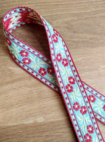 Vävt band 20 mm, blomma, röd/gul/ljus turkos