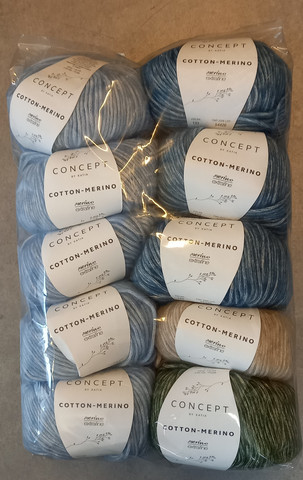 Fyndhörna: Katia Cotton merino, 10 st - 5 ljblå+mblå,beige,grön