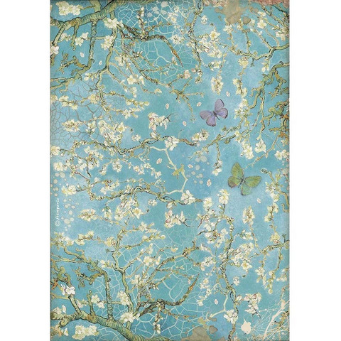 Decoupage-arkki - A4 - Atelier Blossom Blue Background with Butterfly