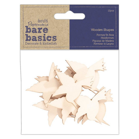 Vanerikoriste 12 kpl - Papermania Bare Basics Wooden Shapes Doves