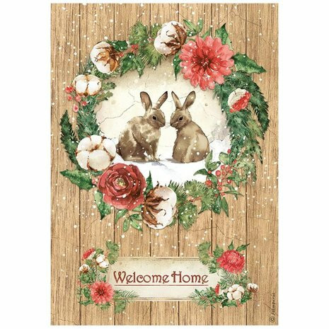 Decoupage-paperi A4 - Stamperia Rice Paper Romantic Home for the Holidays Welcome Home Bunnies