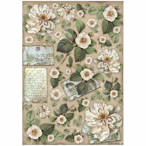 Decoupage-paperi A4 - Stamperia Vintage Library Rice Paper Flowers and Letters