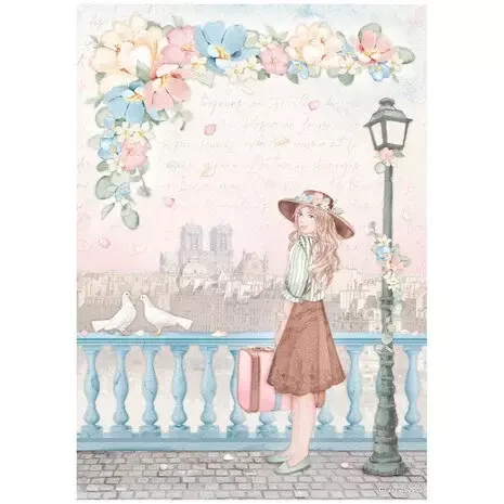 Decoupage-paperi A4 - Stamperia Paper Girl with Suitcase Rice Paper