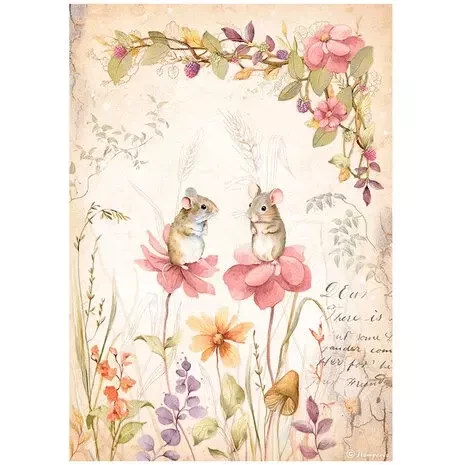 Riisipaperi A4 - Woodland Mice and Flowers Stamperia Rice Paper