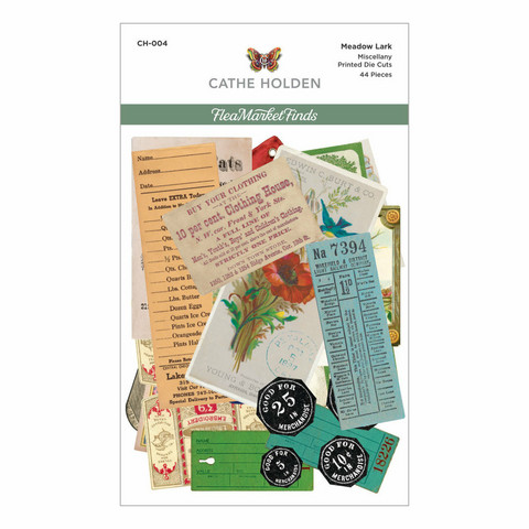 Spellbinders - Cathe Holden Fleamarket Finds, Meadow Lark Miscellany Printed Die Cuts, Leikekuvia, 44 osaa