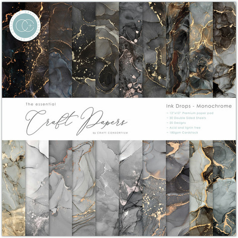 Craft Consortium - Essential Craft Papers, Ink Drops Monochrome, 12