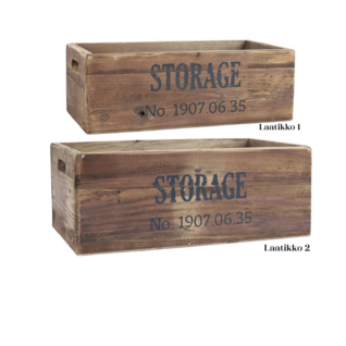 Wooden storage boxes with the text Storage in two sizes