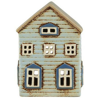 House for Tealight Thorshavn light turquoise and brown door on side