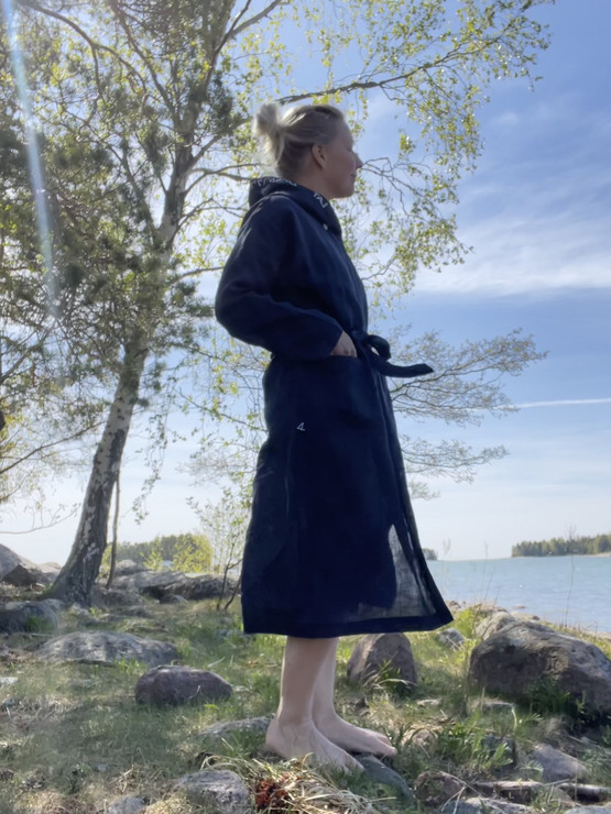 Usva pellava-aamutakki, tummansininen