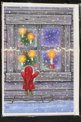 Joulukalenterikortti Tonttu ikkunalla