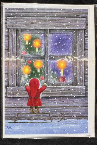 Joulukalenterikortti Tonttu ikkunalla