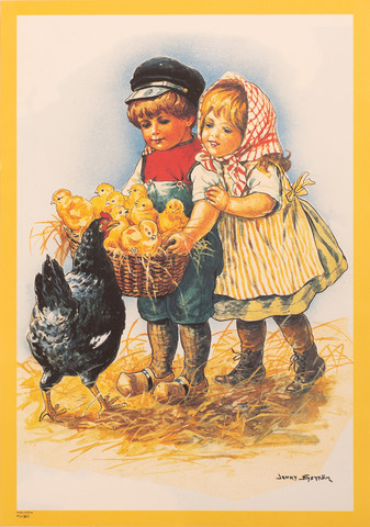 Jenny Nyström lapset ja kananpojat korissa juliste