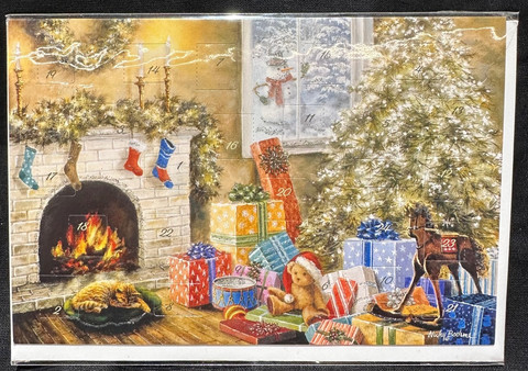 Joulukalenterikortti takan edessä lahjoja