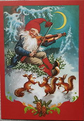Lars Carlsson tomte spelar violin julkort, ruotsinkielinen joulukortti