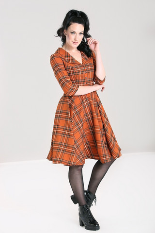 40204 HELL BUNNY TAWNY polvimittainen tartankuosinen kellomekko
