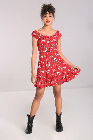 40337 HELL BUNNY EMMYLOU punainen minimekko valkoisin länkkäriprintein